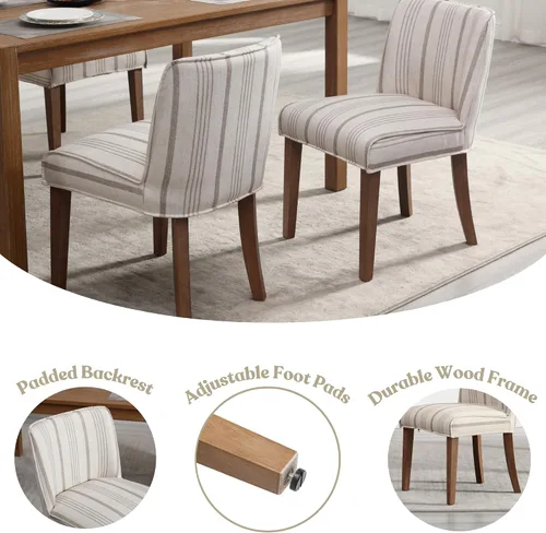 Miniatura 5 de Juego de 2 sillas de comedor rústicas tapizadas Sillas de cocina de madera maciza sin brazos para comedor/restaurante, caqui con rayas