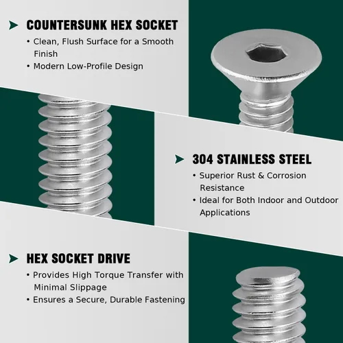 Miniatura 3 de Tornillos de cabeza avellanada plana 1/4-20 x 1, cobertura completa de rosca de máquina, unidad hexagonal Allen, acero inoxidable 304 18-8 SS, 25