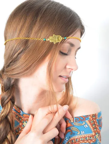 DoubleNine Boho Hand of Hasma Fatima - Collar de cadena de cabeza turquesa para novia, boda, diadema, accesorios para el cabello, pieza de pelo de