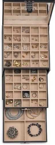 Miniatura 4 de Glenor Co Soporte organizador de aretes, 75 ranuras pequeñas y 4 grandes, caja de joyería clásica con cajón y cierre moderno, espejo, 4 bandejas