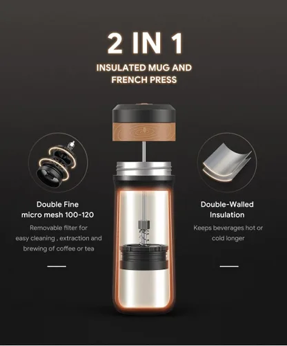 Miniatura 7 de Cafetera portátil de prensa francesa, cafetera francesa de viaje, taza de café de acero inoxidable de 12 onzas, filtro de doble malla, ideal