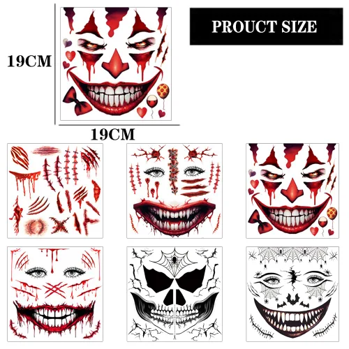 Miniatura 2 de 5 hojas de tatuajes faciales aterradores de Halloween + 1 hoja de tatuaje de cicatrices falsas, tatuaje de boca sangrienta, maquillaje de zombi