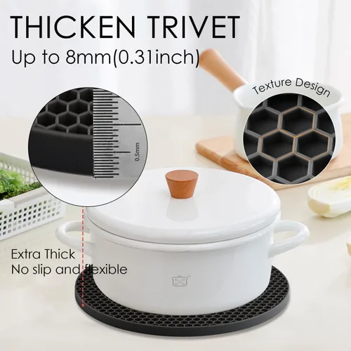 Miniatura 2 de Paquete de 4 salvamanteles de silicona para ollas y sartenes calientes, soportes negros para ollas calientes, tapetes de silicona antideslizantes