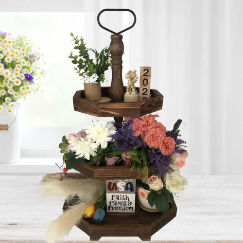 Miniatura 9 de MRPAPA Soporte de bandeja de 3 niveles, decoración de cocina de granja grande con fácil montaje, bandejas decorativas rústicas de 3 niveles, soporte