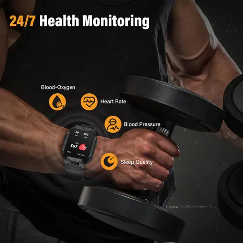 Miniatura 4 de Reloj inteligente militar para hombre, reloj inteligente deportivo al aire libre de 2.02 pulgadas con linterna, frecuencia cardíaca, oxígeno y Negro