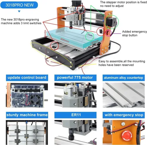Miniatura 2 de Router CNC 3018-PRO mejorado para grabado, máquina de grabado de 300x180x45mm con interruptores de límite, parada de emergencia, husillo de 10000rpm