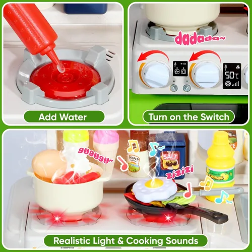Miniatura 5 de DRAMATION Juego de Cocina para Niños, Cocina de Juego de 36.22'' para Niños Pequeños de 1-3 con Vapor, Sonido y Luz, Estufa de Cocina, Fregadero