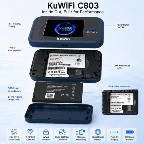 Miniatura 7 de KuWFi Hotspot WiFi portátil para exteriores, enrutador WiFi 4G LTE Cat7 con tarjeta SIM de datos de 2 GB (requiere itinerancia), batería de 3000