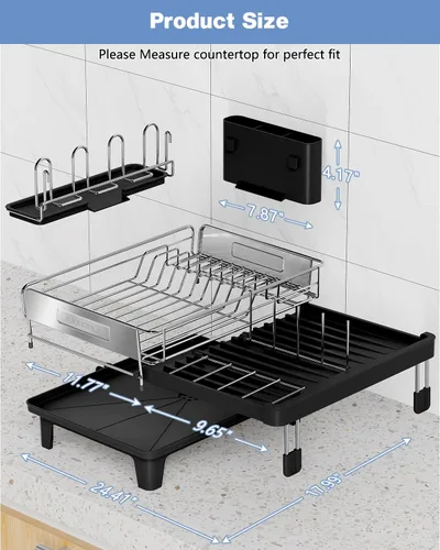 Miniatura 7 de Escurridor de platos expandible para encimera de cocina, acero inoxidable 304, placa retráctil abatible, ajustable multidireccional, estante