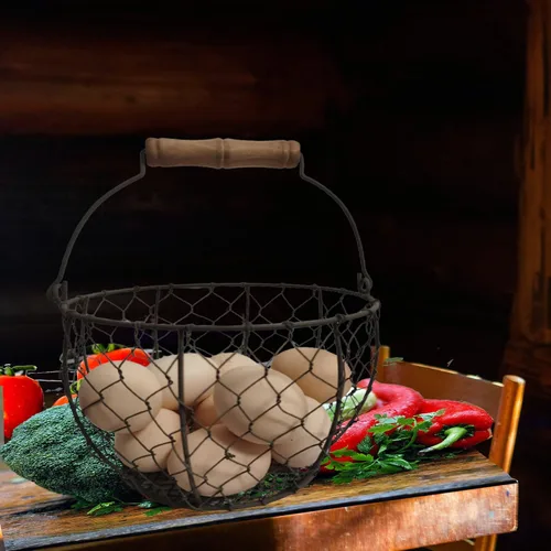 Miniatura 6 de TAIANLE. Cesta de huevos de alambre para recoger huevos frescos con asa, cesta redonda de metal para coleccionar huevos de estilo vintage, Malla