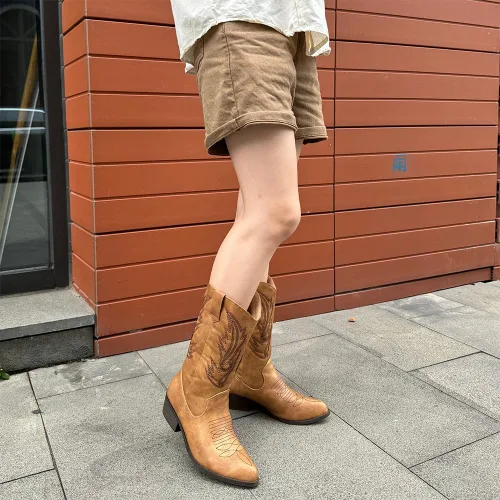 Miniatura 6 de Botas vaqueras para mujer, punta puntiaguda, a media pantorrilla, zapatos de moda occidental