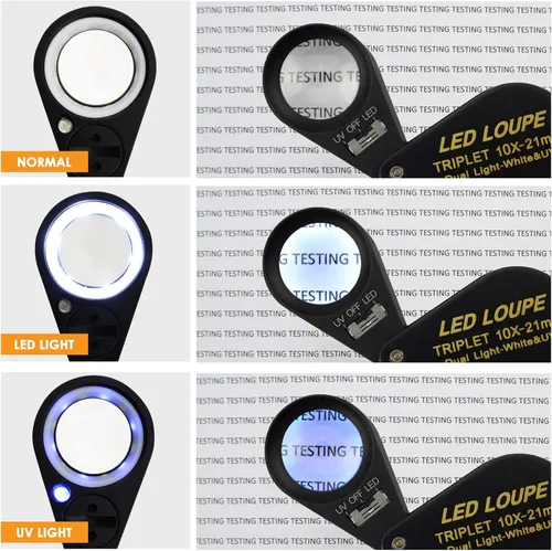 Miniatura 4 de 10 lupas para joyería, lupa LED UV de 0.827 in, lente de triplete, cristal óptico, herramienta de aumento de gemas de bolsillo, joyero, sello