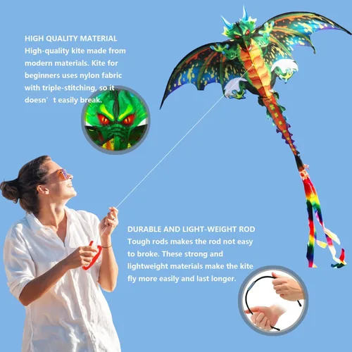Miniatura 3 de eyijklzo Cometa de dragón verde hermosa y fácil de volar para niños y adultos con cola larga y colorida, accesorios fáciles de volar