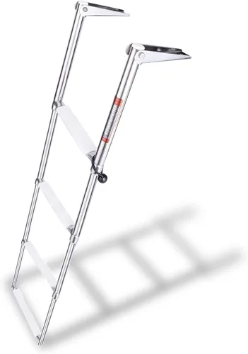 YOUNG MARINE Escalera telescópica y plegable de acero inoxidable de 4 escalones con estribo de plástico blanco, montaje sobre plataforma