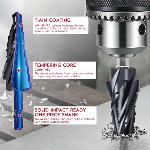 Miniatura 6 de Cobalt M35 - Broca escalonada de 1/4 a 3/4 pulgadas, revestimiento TiAlN con 4 brocas en espiral, 9 tamaños M35 cobalto HSS para acero inoxidable