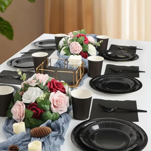 Miniatura 6 de Platos y servilletas de papel negro, platos desechables para fiestas, incluye platos de 7 y 9 pulgadas, tazas, servilletas, tenedores, suministros