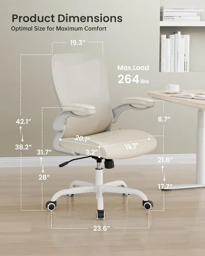 Miniatura 2 de MUXX.STIL Silla de oficina, silla de escritorio ergonómica de piel sintética con soporte lumbar ajustable y reposabrazos abatible, silla de Crema