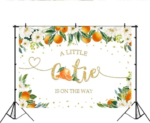 Miniatura 2 de Lofaris A Little Cutie is On The Way - Telón de fondo para baby shower, naranja cítrico, para revelación de género, vegetación, naranja, floral