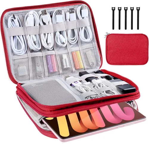 Miniatura 8 de Estuche organizador electrónico de viaje, bolsa para cables de viaje, resistente al agua, bolsa de doble capa para cables, cables, iPad Mini, regalo
