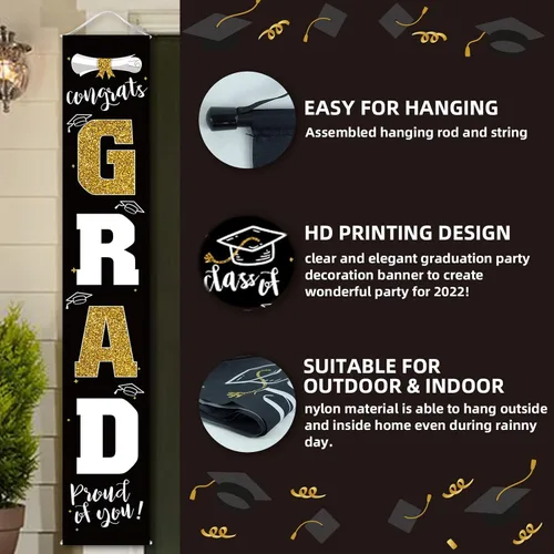 Miniatura 3 de Decoraciones de graduación 2026, cartel de porche negro dorado para clase de 2026, suministros de fiesta de graduados