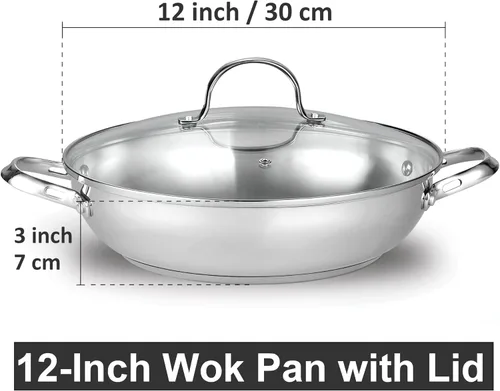 Miniatura 2 de Cooks Standard Wok Sartén para Saltear con Tapa de Vidrio, Sartén de Chef Clásica de Acero Inoxidable de 12 Pulgadas/30cm para Uso Diario, Plateado
