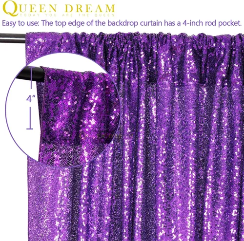 Miniatura 5 de Telón de fondo de lentejuelas moradas 2 paneles 2FTx8FT con purpurina telón de fondo cortinas para fiesta de Halloween fondo de fotos para bodas