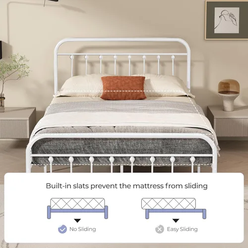 Miniatura 4 de Marco de cama de metal tamaño matrimonial con cabecero y estribo, sin somier, color blanco