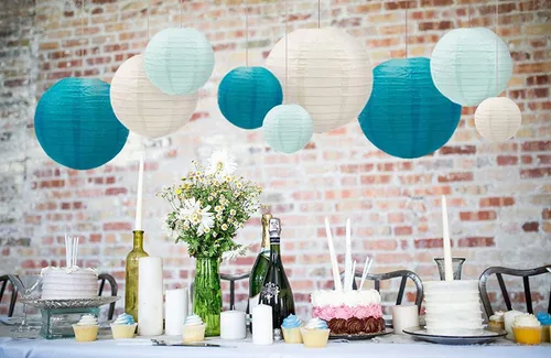 Miniatura 4 de UNIQOOO Juego de 18 faroles de papel azul océano para decoración de fiesta de boda, suministros de decoración de faroles japoneses colgantes, fácil