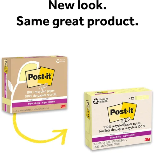 Miniatura 9 de Post-it Notas súper adhesivas de papel 100% reciclado, amarillo canario, 3 pulgadas x 5 pulgadas, 12 blocs de notas adhesivas, 70 hojas por bloc
