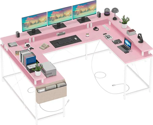 Miniatura 8 de GAOMON Escritorio en forma de U, escritorio para juegos en forma de U de 79 pulgadas con soporte para monitor y luces LED, escritorio grande