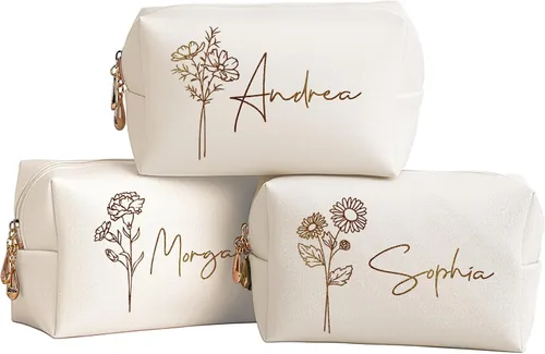Miniatura 8 de DayOfShe Regalos de despedida de soltera, bolsa de maquillaje personalizada con nombre y flor de nacimiento como regalo de dama de honor, bolsa