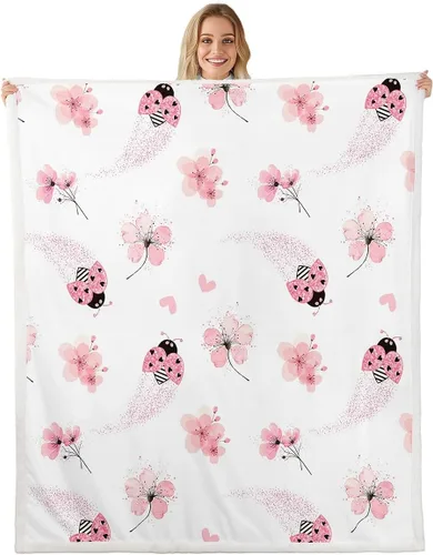Manta de forro polar con diseño de mariquita, diseño de mariquita, color rosa degradado con purpurina, para sofá o cama, manta Kawaii de dibujos