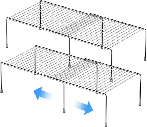Juego de 2 estantes expandibles ajustables para gabinete de cocina, estantes de almacenamiento de despensa de alambre de metal, organizador de