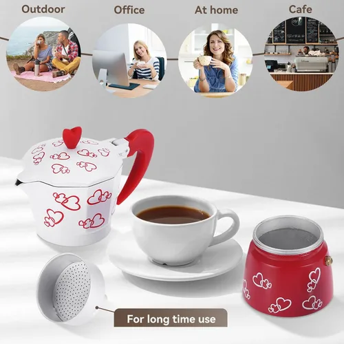 Miniatura 6 de HERCHR Red Heart - Olla de aluminio para moka, cafetera de café expreso con mango ergonómico antideslizante para verter sobre la cafetera