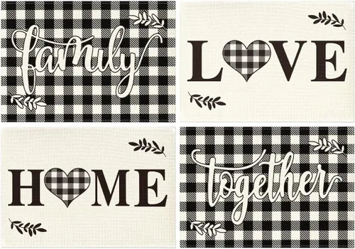 Miniatura 8 de Artoid Mode Love Family Together Home - Juego de manteles de cuadros búfalo de 6 piezas, 30x46 cm, manteles de mesa de temporada para decoración