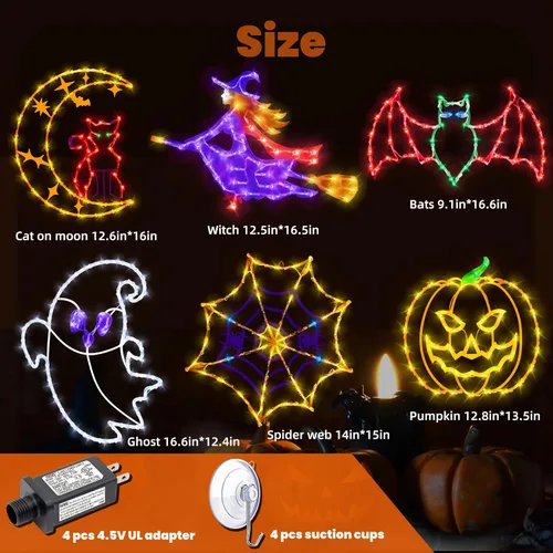 Miniatura 4 de Decoraciones de Luces de Siluetas para Ventana de Halloween de 16" - Paquete de 6 Colores Iluminados Gato en Luna y Fantasma y Telaraña y Calabaza