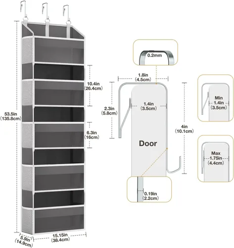 Miniatura 8 de Organizador de 5 niveles para colgar sobre la puerta del cuarto del bebé y el baño, con 15 bolsillos (5 frontales + 10 lados de malla), soporta 50