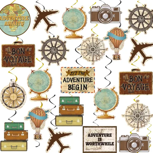 Qyeahkj 84 piezas de decoración de fiesta temática de viaje Bon Voyage espirales colgantes Adventure Awaits Birthday Streamer Banner alrededor del