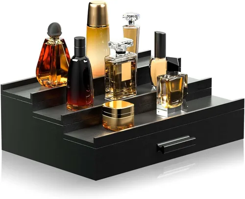 Sephyroth Organizador de colonia para hombre, 3 niveles, estante elevado de exhibición de colonia con cajón, organización de perfumes y elevadores