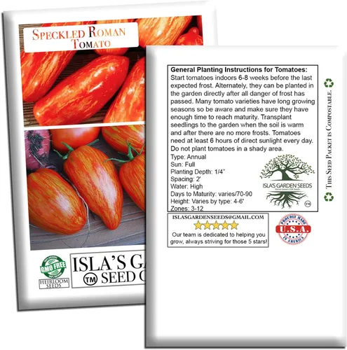 Miniatura 7 de Semillas de tomate romano moteadas (Lycopersicon lycopersicum) – Más de 100 semillas tradicionales sin OMG de Isla's Garden Seeds, pasta a rayas