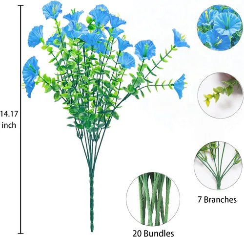 Miniatura 5 de 20 paquetes de flores artificiales para exteriores, flores falsas resistentes a los rayos UV, arbustos de plástico sintético para decoración Azul