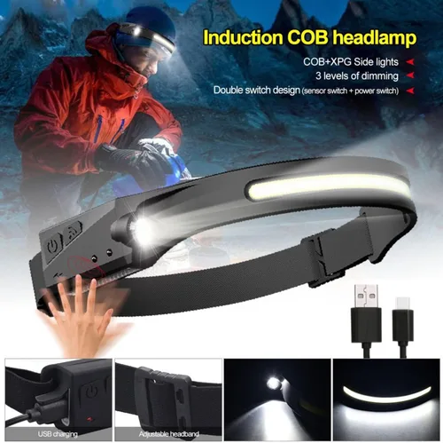 Miniatura 5 de Linterna frontal LED recargable, 230 luces anchas, 5 modos de luz dinámica, sensor de movimiento, impermeable, diadema ajustable, 1200 lúmenes