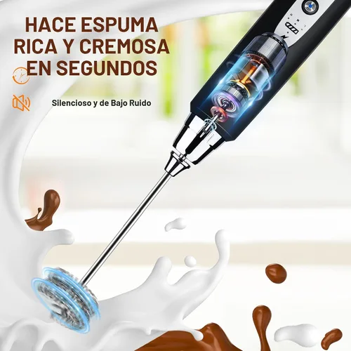Miniatura 6 de YUSWKO - Espumador de leche recargable USB de mano con 3 cabezas, mini mezclador de bebidas con 3 velocidades para latte, cappuccino, chocolate Negro
