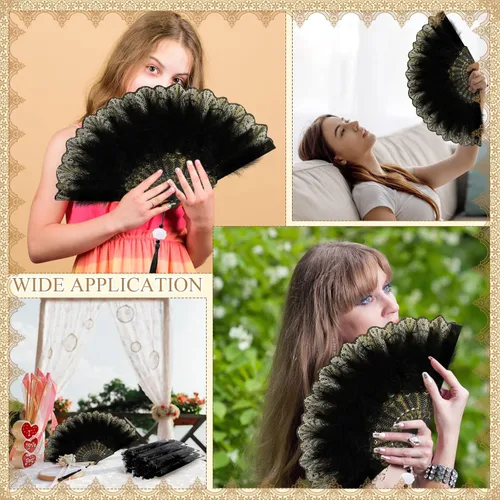 Miniatura 5 de Barydat 24 juegos de abanicos de plumas de marabú a granel vintage de los años 20 de encaje bordado a mano abanico plegable con bolsa de organza