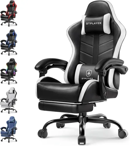 GTPLAYER Silla de juegos para adultos, silla ergonómica para juegos de computadora con reposapiés, altura ajustable, reclinación de 90-155° y Blanco