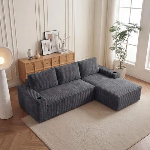 Miniatura 24 de Sofá seccional sin costuras de 108" en forma de L para sala de estar, cómodo sofá de corduroy con chaise, amplios reposabrazos, asiento profundo