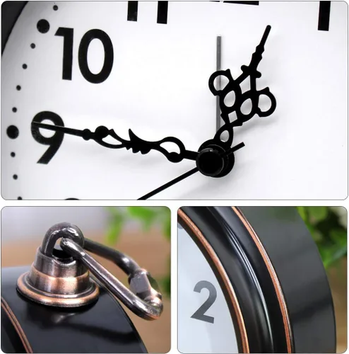 Miniatura 4 de Reloj de mesa de metal retro, funciona con pilas, sin tictac, mesa de cuarzo, pequeño despertador, estante de escritorio, reloj de cristal HD