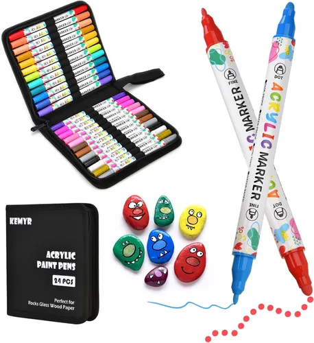 KEMYR Bolígrafos de pintura acrílica de 24 colores, marcadores de pintura acrílica de doble punta para papel, madera, lienzo, piedra, pintura roca,