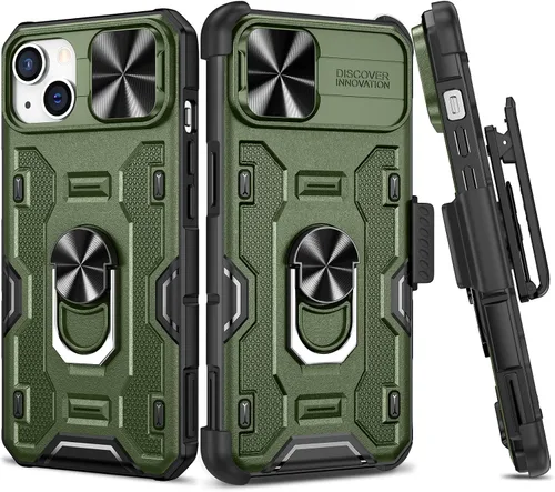 VEGO Funda para iPhone 13 y iPhone 14 con soporte de clip para cinturón, cubierta deslizante para cámara y soporte magnético giratorio de 360° con