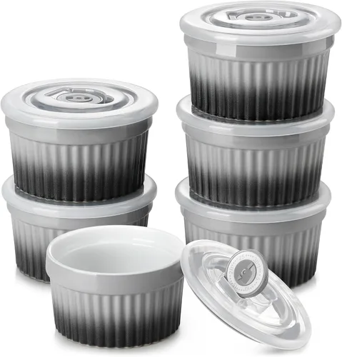 Miniatura 13 de vancasso Ramequines de 177 ml con tapa, cuencos de porcelana para soufflé de crema catalana, tazas de natillas azules para hornear, aptas